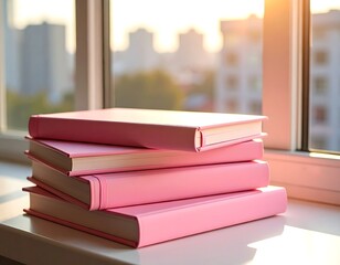 Pink books stacked on a windowsill, city view