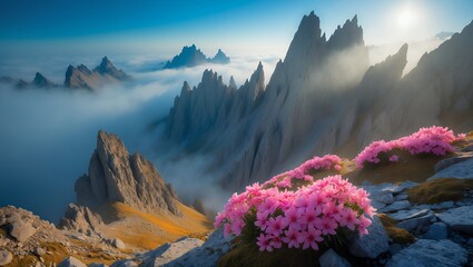 Mountain Peaks and Pink Flowers Scenic Landscape
