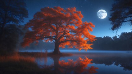 Autumn tree by lake at night under the moon