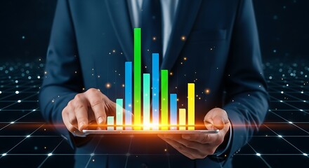 Dynamic digital interface a man in a navy suit holding luminous bar graph a vibrant interplay of blues greens yellows