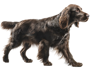 Field Spaniel Mid-Walk with Tail Raised and Nose Down, Side-Angle View, Isolated on Transparent Background