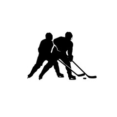 Fototapeta premium Ice Hockey Silhouette: Two ice hockey players fiercely compete, their silhouettes outlined against the bright rink in this dynamic image.
