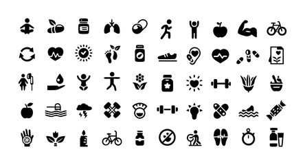 Healthy Lifestyle and Wellness Icon Set – Vector Illustrations of Fitness, Nutrition, Mindfulness, Medical Habits, Yoga, Meditation, Skincare, Immune Support, Supplements, Walking, and Running