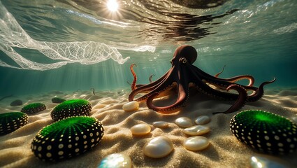 Octopus on sandy seabed with shells and seaweed under sunlight