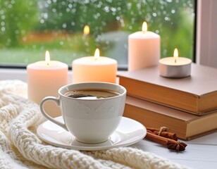 Cozy coffee and candles by window