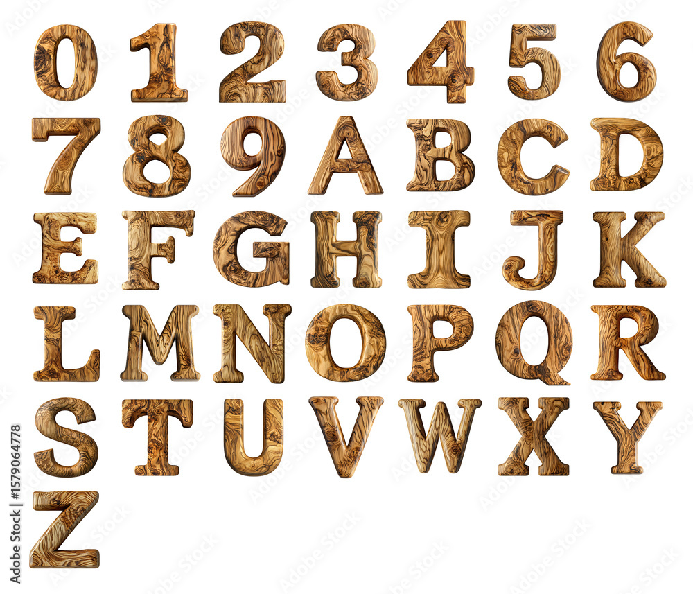Fototapete 3d numbers and letters text made of ash wood isolated on a white transparent background