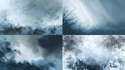Four abstract panels depict a monochromatic study of atmospheric conditions, textures, and veiled forms