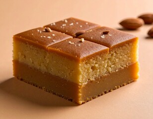 Milk cake slice with cracked brown top on beige background — rustic Indian dessert detail