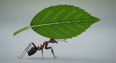 A red ant carries a large green leaf, symbolizing strength and teamwork.