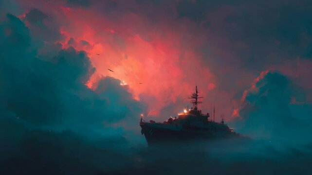 Crimson Skies: A Warship at Dusk