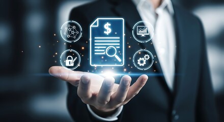 Luminescent data analysis on outstretched hand in a business suit financial analytics glow with a tech innovation