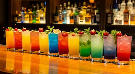 Row of Twelve Colorful Cocktails with Fruit and Herb Garnishes on Wooden Bar Counter — Vibrant Beverage Display for Mixology Inspiration, Bar Menus, and Summer Party Promotions