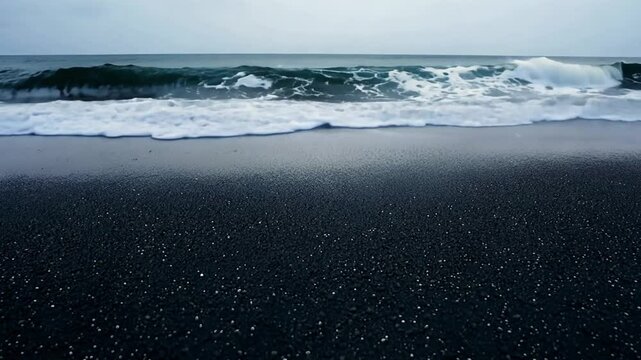 Tranquil ocean waves roll over a dark volcanic beach with foamy surf. A serene scene evoking calmness, nature&rsquo;s rhythm, and peaceful coastal moments.