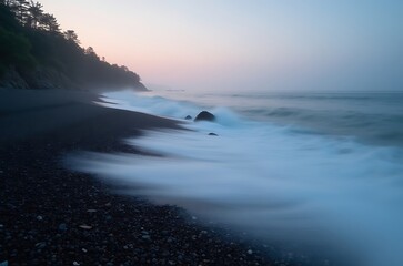 Obraz premium Serene Sunset Beach Long Exposure Smooth Water Rocky Shore ai generated