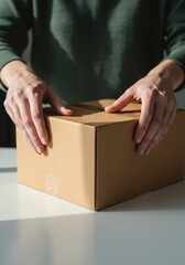 A person unboxing or packing a cardboard box. E-commerce concept representing shipping, delivery, online orders, and the unboxing experience.