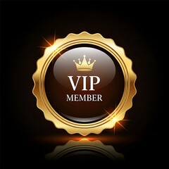 Glimmering gold VIP member badge on ebony crown emblem atop dark gloss evoking exclusivity radiating brilliance a beacon