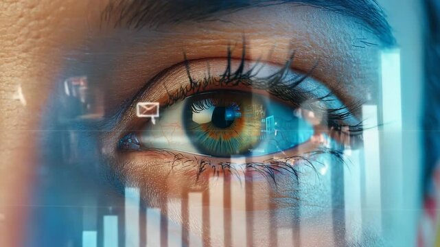 An extreme close-up of a hazel eye reflecting and overlaid with animated bar graphs, icons, and digital data