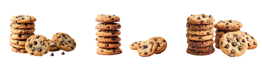 Stacks of chocolate chip cookies in different heights isolated on transparent background, cut out, PNG