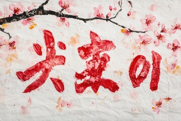 Red ink calligraphy with cherry blossom accents on textured paper.