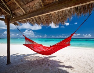 red hammock hanging under palm leaf shelter on white sandy beach overlooking turquoise sea and clear blue sky with scattered clouds tropical relaxing vacation destination summer paradise