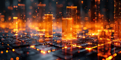 Obraz premium Cityscape with buildings lit up in orange. The city is lit up with a bright orange glow, creating a warm and inviting atmosphere. The buildings are tall and modern, with a futuristic feel to them