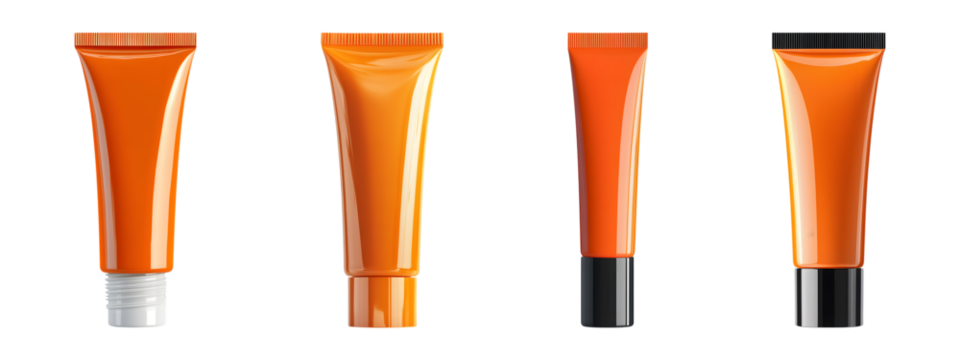 Set of orange cosmetic tube with screw cap isolated on transparent background, cut out, PNG