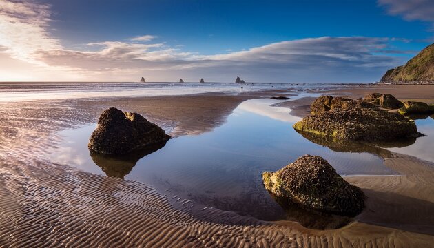 low tide at the beach at peacehaven with rock pools and reflections