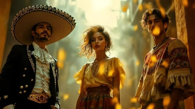 People Standing Together in Historic Urban Setting with Falling Leaves