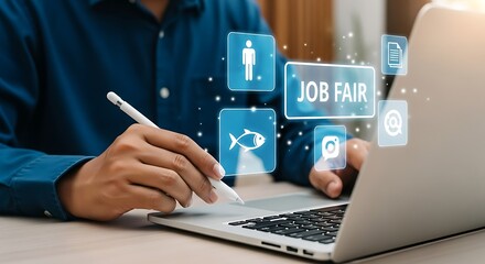 Digital navigator seeks career paths Job fair icons glow around their sleek laptop Finding future success on a virtual