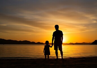 Father and Daughter Enjoying a Sunset Beach Stroll. Generative Ai