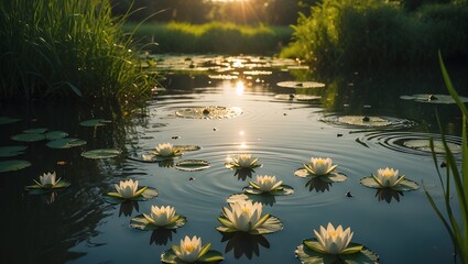 Water Lilies on Pond at Sunset - Serene Nature Scene