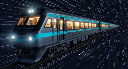 Naklejka premium Futuristic Train Speeding Through Space Tunnel Modern Transportation Concept