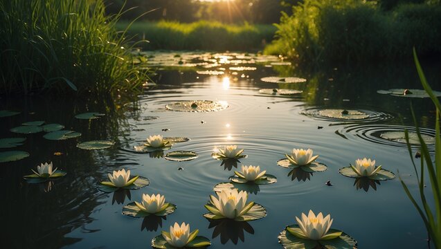 Water Lilies on Pond at Sunset - Serene Nature Scene