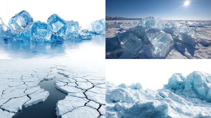 Composite of images depicting ice in various forms cubes, glacial landscape, frozen surface, and arctic formations