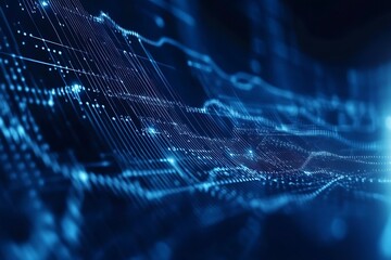 Abstract digital wave pattern with glowing blue lines and dots on a dark background representing data flow