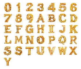 3D numbers and letters text made of fries isolated on a white transparent background