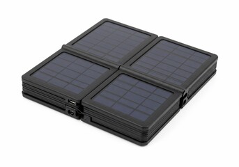 Folded portable solar charger with USB ports on a white background, close-up