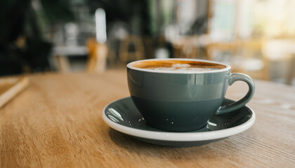 Hot coffee in a cafe with morning sunlight,coffee latte art on wood table
