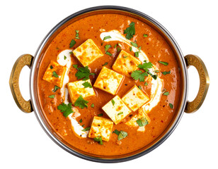 Paneer Butter Masala in Brass Kadai with Cream Swirl and Coriander Garnish, Top View, Transparent Background