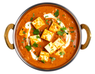 Paneer Butter Masala in Brass Kadai with Cream Swirl and Coriander Garnish, Top View, Transparent Background