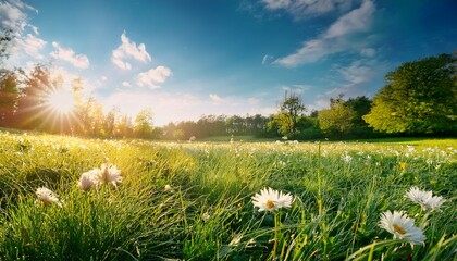 summer or spring sunny meadow with green grass and flowers