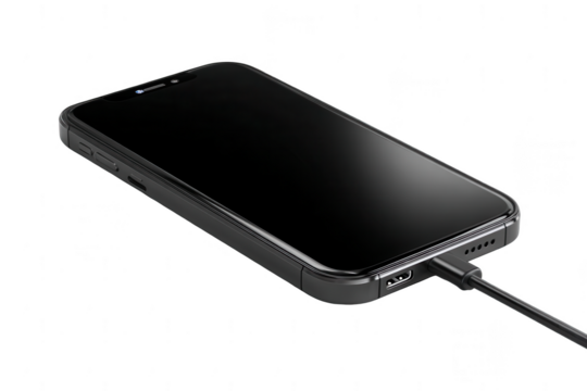 A close up view of a black smartphone charging with a cable on a dark background surface