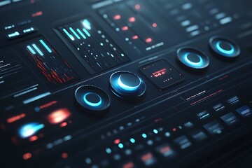 Fototapeta premium Futuristic digital interface with glowing blue and red lights and data visualizations on a dark background