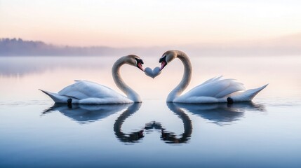 Two elegant swans form a heart shape with their necks, mirroring each other on a tranquil, misty lake.










