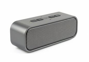 Gray portable speaker with metal grill and control buttons on white background