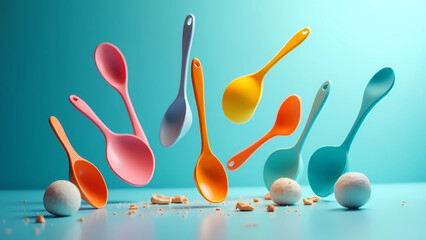 Dynamic Pastel Spoons Floating Above a Blue Surface