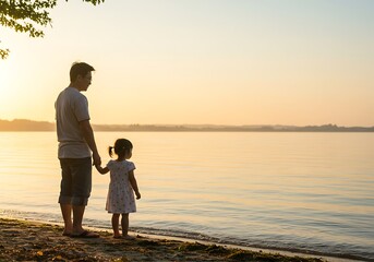 Fototapeta premium Father and Daughter Enjoying a Sunrise Beach Stroll. Generative Ai