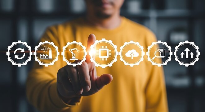 Man in mustard shirt touching glowing icons cogs symbolize automation cloud data artificial intelligence progress in - Powered by Adobe
