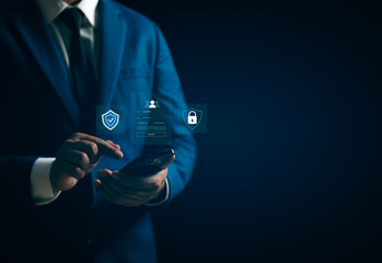 Hand of a man using mobile phone, secure access to user personal information, secure Internet access, information security encryption. Cybersecurity internet network data privacy concepts.