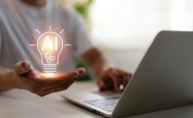 A businessman uses tools an AI assistant to represent smart technology, artificial intelligence...